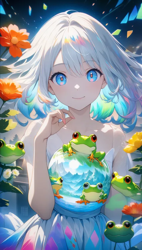 32k, best quality, ultra high res, HDR, UHD, extremely detailed CG, unity 32k wallpaper, **Japanese anime, A picture that looks like it was drawn with Copics,crystal style, crystal clear, woman with frog, under the blue moon, it was meticulously written, p...