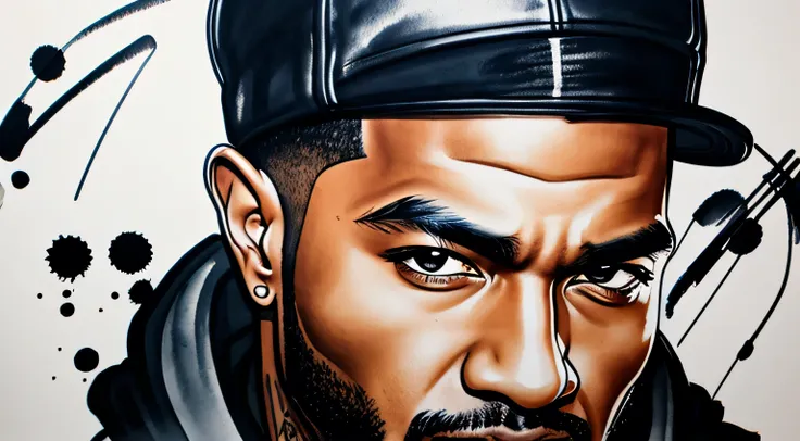 ink painting style　male　hip hop fashion　rapper　detailed facial expression depiction、detailed hair depiction、detailed eye depicti...