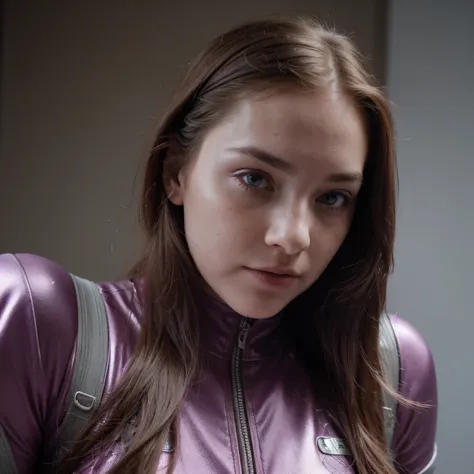 photo of a college student, purple pink, futuristic space suit, (freckle:0.8) cute face, science fiction, dystopia, delicate eye...