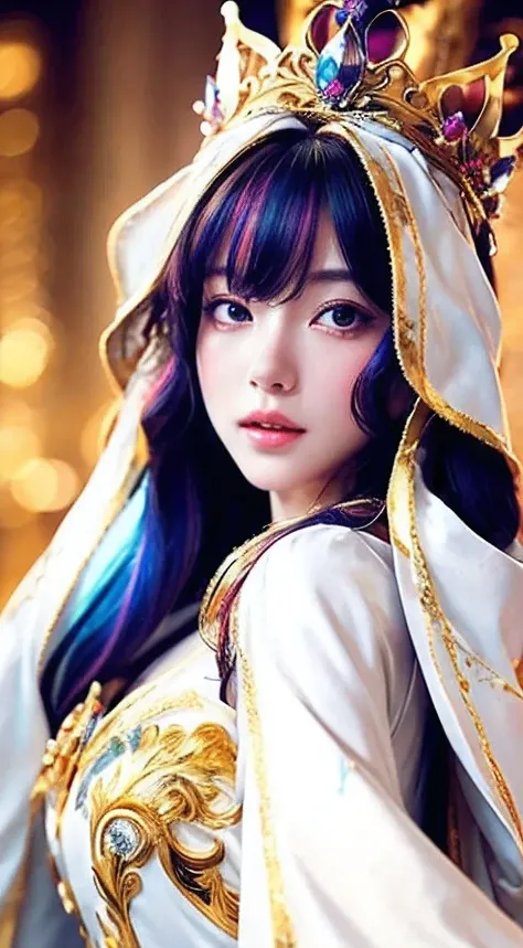 Anime Princess Style，face is a fair and (cool), all picture quality , mystical ,delicate and precise ,detailed background ,colorful picture ,high quality, luxury，Upper body，Hair color white，Golden Crown, gorgeous intricately detailed dress, golden ornament...