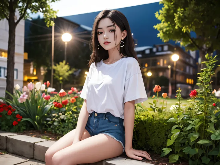 top quality, masterpiece, Ultra HD, (real: 1.4), original photo, (Night Street), 1 girl, black eyes, Looking at the audience, Long hair, Light makeup, Lips, Small ears, White T-shirt, Denim shorts, earrings, Seated Ferrari,, Slim, Neat, garden