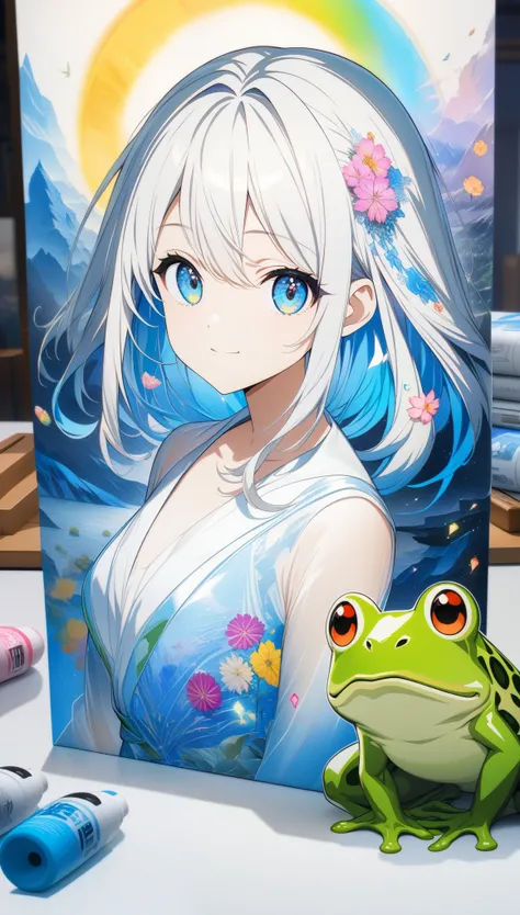 32k, best quality, ultra high res, HDR, UHD, extremely detailed CG, unity 32k wallpaper, **Japanese anime, A picture that looks like it was drawn with Copics,crystal style, crystal clear, woman with frog, under the blue moon, it was meticulously written, p...