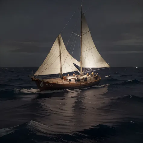 Crie um noite chuvosa em alto mar  com chuva e raios  e um barco a vela a deriva