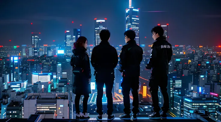 5 people standing on the windowsill，Four men and one woman，Look at the city at night, Standing on the roof, Standing on the roof of a skyscraper, Standing on the roof, On the rooftops of Tokyo at night, City night visual effects, Movie promotional images, ...