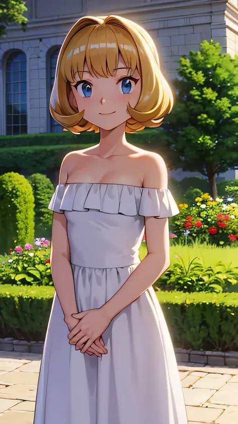 pokemovies, sugimori ken, ken sugimori ken (style), anime screencap, masterpiece, best quality, highres, outdoors, small breasts, 1 girl, Solo, Blue Eyes, Beautiful Detail Eyes, Blonde Medium Hair, Short Hair, Bangs, Good hands are down, Smile, Blushing, B...