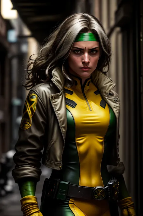 (dark shot: 1.1), epic realistic, rogue from x-men, 1 girl, only 1, beautiful, angry look, green eyes, dark brown hair, (one whi...