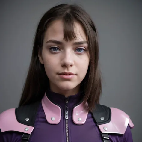 Photo of a college student, Purple Pink, futuristic spacesuit, (freckle:0.8) Cute face, Science Fiction, Dystopia, Delicate eyes, Heterochromia of the Eyes（（side view））