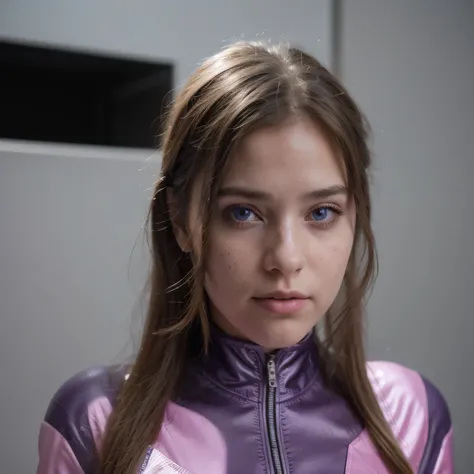 Photo of a college student, Purple Pink, futuristic spacesuit, (freckle:0.8) Cute face, Science Fiction, Dystopia, Delicate eyes, Heterochromia of the Eyes（（side view））