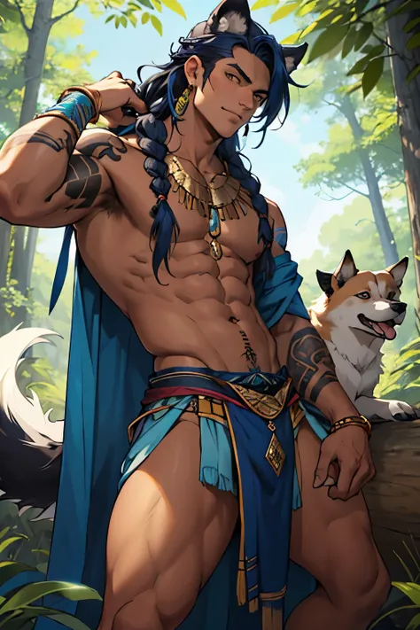 Male, dog person, blue, black, gold, tribal tattoos, fluffy dog tail, fluffy dog ears, very long hair, tribal clothes, dark blue hair, tan skin, gold eyes, tribal jewelry, wavy hair, thick hair, thick fur, slender, Aztec, Egyptian, Arabian, lots of jewelry...