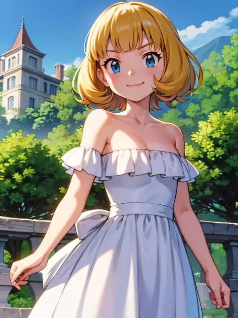 pokemovies, sugimori ken, ken sugimori ken (style), anime screencap, masterpiece, best quality, highres, outdoors, small breasts, 1 girl, Solo, Blue Eyes, Beautiful Detail Eyes, Blonde Medium Hair, Short Hair, Bangs, Good hands are down, Smile, Blushing, B...