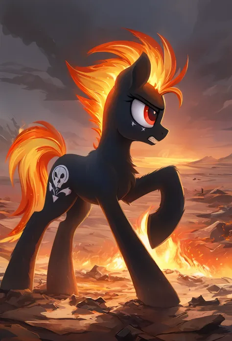 score_9, score_8_up, score_7_up, mlp, black fur, firey hair, red eyes, death, skull tattoo, desolate landscape, fire in the back...