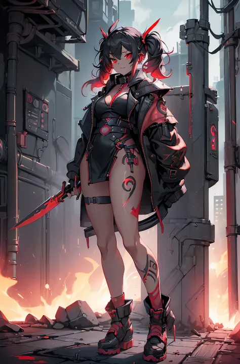 One girl, Rebecca (cyber punk), (((full body:1.5),Dynamic Angle,He holds a weapon in his right hand, raised it to his shoulder, and carries it on his shoulder.,Holding a hammer in your hand:1.5)),(One Woman,(Pink twisted twin tails), glowing Red eyes,Laugh...