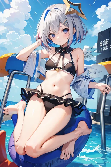 super high quality,Amane Kanata,Swimwear,,barefoot,Slender body,Small breasts,whole body。short hair,About play equipment,。