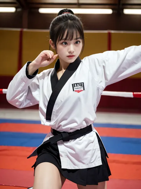 Best image quality,highest quality,masterpiece,4K,8k,highest quality,女性karate,in a karate道場 ring,  Chudan Gyakutsu pose, karate, Young Japanese Woman, Japanese Girls,karateのUniform,Black belt,karate大会、whole body、Big Breasts、Uniform、mini skirt、Too much expo...