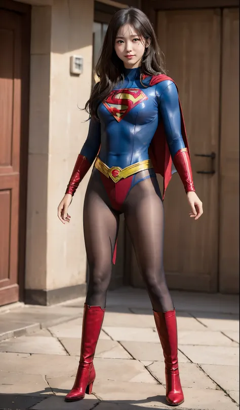 No background、(((Beautiful legs in black tights.)))、(((Legally express the beauty of your smile)))、((((Make the most of your original images)))、(((Supergirl Costume)))、(((Beautiful Hair)))、(((suffering)))、(((Please wear black tights....、Wear red boots)))、(...