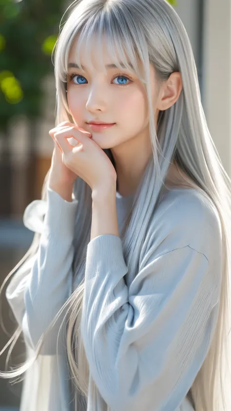 Shining, clear, white skin、Her windblown silver hair hides her beautiful face.、huge、Sexy beautiful face of 28 years old、Beautiful straight hair that stands out、growing up, Sparkling light blue eyes、Sexy long silky bangs covering the eyes, Sexy young woman ...