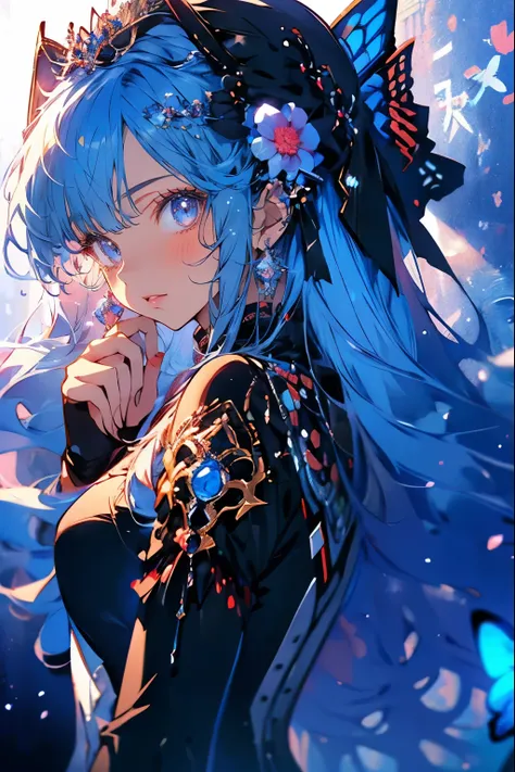 (Mastepiece)、(Best Quality)、Highly detailed face、Anime Girl、1 girl、Light blue hair、blue eyes、Long Hair、smile、Blue Butterfly々、Fantasy、flower