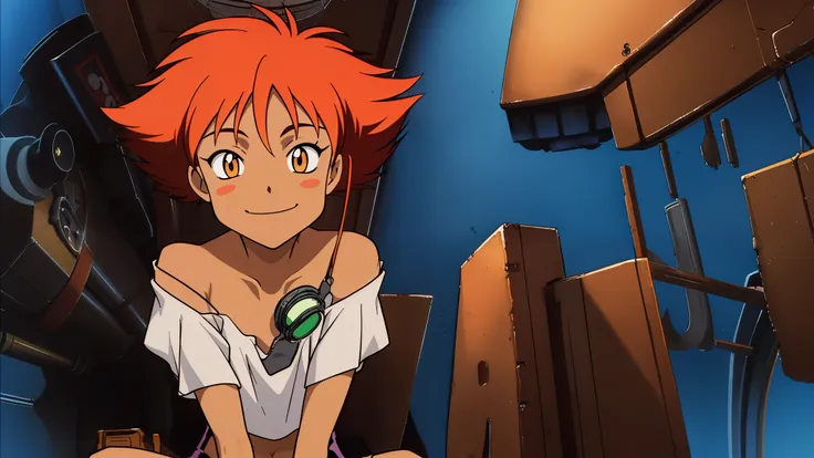 edward,midriff,orange hair,white shirt,off shoulder,collarbone,tan skin, bike shorts,goggles, brown eyes, space station,engine r...