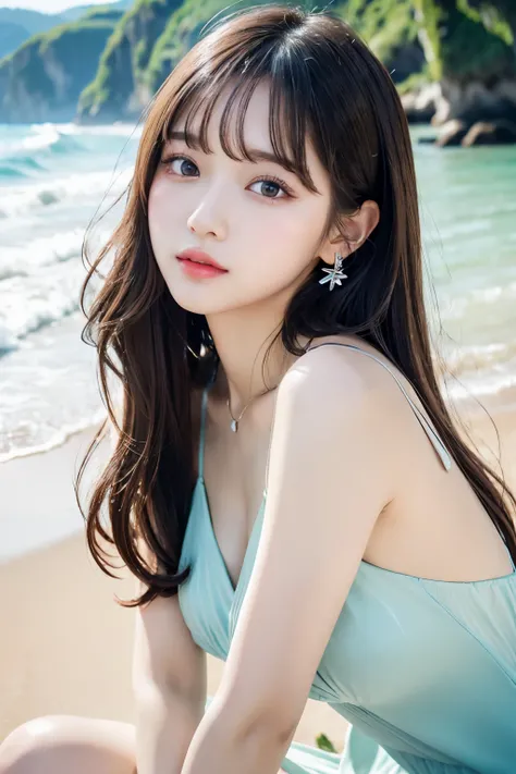 Mastepiece、highest quality、An illustration、Super fine、Fine、High resolution、8k wallpaper、Perfect dynamic composition、Beautiful detailed eyes、Wearing a sheer, thin dress、Natural color lip、Beach、Random and cute poses、Flowing bangs、Beauty Legs、KPOP Idol Face、P...