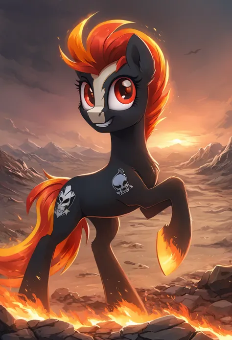 score_9, score_8_up, score_7_up, mlp, black fur, firey hair, red eyes, death, skull tattoo, desolate landscape, fire in the back...