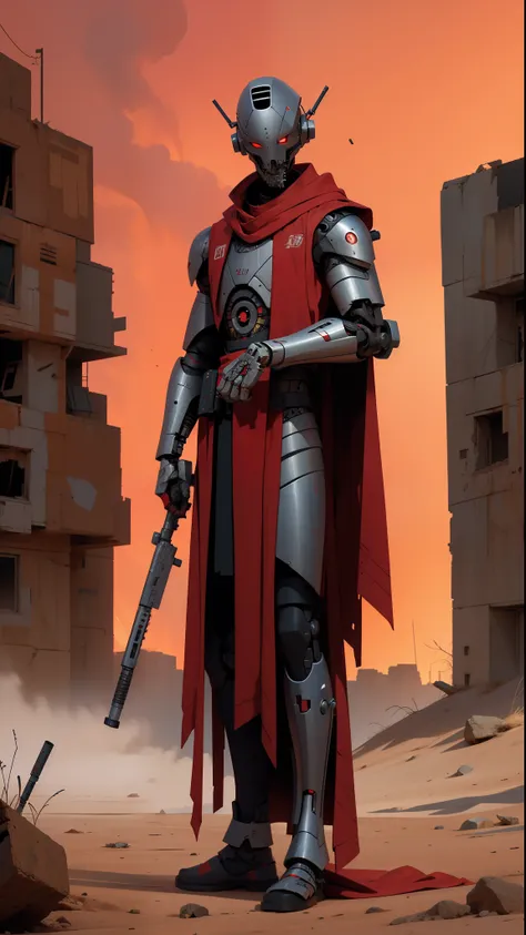 derpd, lethal cyborg assassin wearing robes armor, danger, red sky,post apocalypse