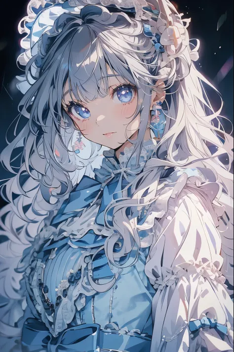 (mastepiece)、(best quality)、highly detailed face、anime girl、1 girl、light blue lolita clothes、fluffy long hair、gray hair、blue eye...