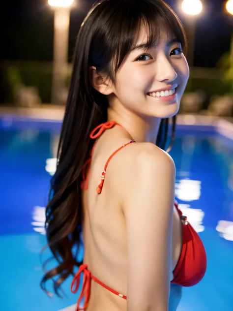 high resolution、High resolution、Night Pool、Young Japanese woman、bikini、Back view、profile、Smiling、highest quality、whole body