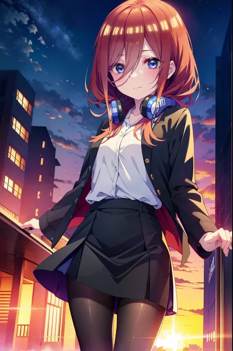 Miku Nakano, Miku Nakano, Long Hair, bangs, blue eyes, Brown Hair,,Blue Hairband ,Hair between the eyes, happy smile, smile, Open your mouth,Headphones around the neck,OL, Akagi Glasses, Black suit jacket, Collared jacket, White dress shirt, Collared shirt...