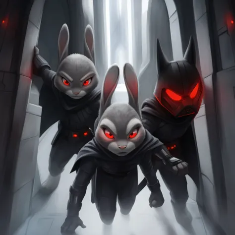 Judy Hopps, red eyes, glowing eyes, angry, ready to attack, red lightsaber, black cape, Darth Vaders outfit, in the darkness, spaceship corridor, 