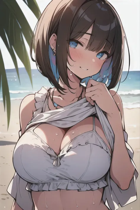 (best quality), (Super detailed), (Best Illustration), (masterpiece), (woman), look at viewer, {(white T-shirt), (shirt lift:1.2), (show off frilled bikini:1.2)}, (large breasts), {(detailed eyes), blue eyes}, {brown hair, (sideburns), (bob cut:1.3), curly...