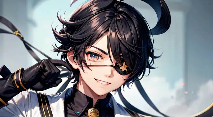 Chuunibyou　Middle school boy　Eye patch　Finger gloves　Detailed facial expression depiction、Detailed hair depiction、Detailed eye depiction、Fearless smile