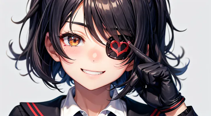 Chuunibyou　Middle school boy　Eye patch　Finger gloves　school uniform　Detailed facial expression depiction、Detailed hair depiction、Detailed eye depiction、Fearless smile