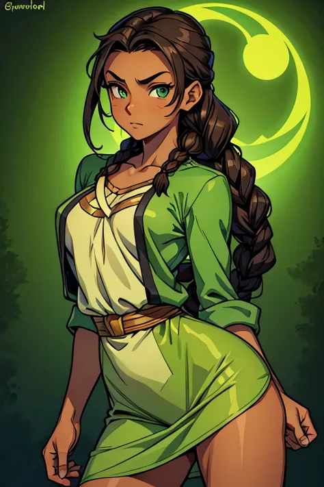 earthbender human woman with tanned skin. she is a 16-year-old teenager with green eyes and green clothing. her hair is brown in...