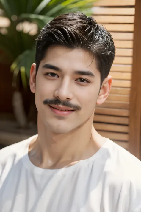 20 year old young man , (crew cut hairstyle: 1.3 ), black hair, short hair details, burly handsome man , (thin mustache: 1,3), (...