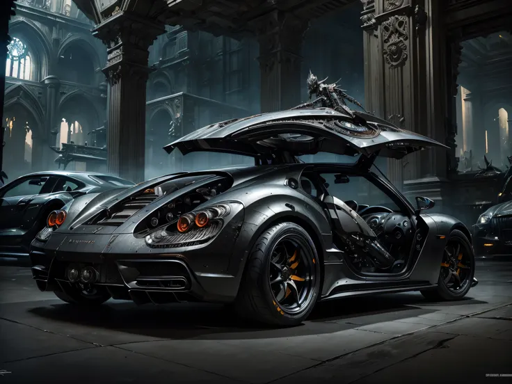 futuristic car biomechanical steampunk vehicle reminiscent of fast sportscar with robotic parts and (glowing) lights parked in ancient lush Inca palace, gothic and baroque, brutalist architecture, ultradetailed, creepy ambiance, fog, artgerm, giger, Intric...