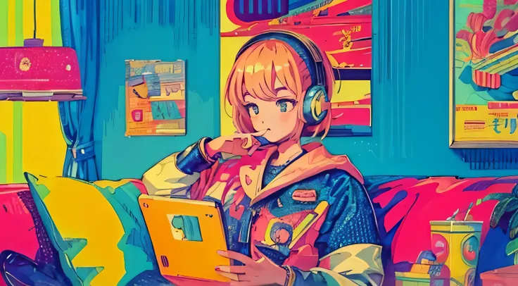 highest quality, 4k wallpaper, masterpiece, Very detailed CG Unity 8k wallpaper, Very fine grain, Very detailed, Intricate details, A cute girl in the center, Retro art style, neon_Pop Art Style, indoor,Relax on the sofa,headphone，cushion