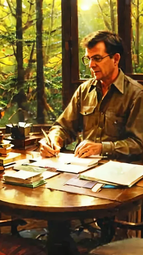 Back view of 50 year old male writer writing at work table, with fountain pen in a cluttered room. Back view. Table facing a window overlooking forest. Sunset, warm colours. Realistic, oil painting