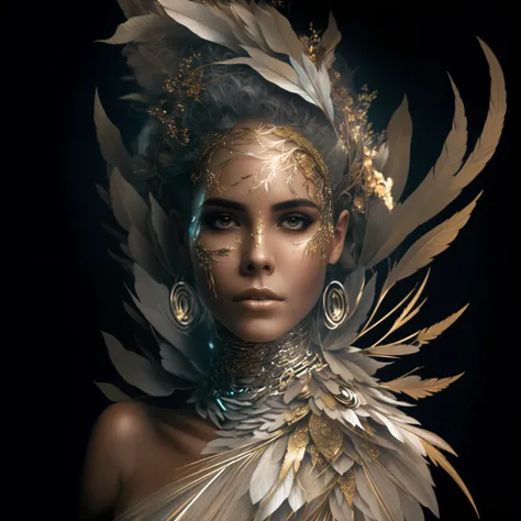 arafed woman with gold and silver make up and feathers, gold wings on head, futuristic woman portrait, beautiful cyborg angel girl, high quality fantasy stock photo, fantasy art behance, a stunning portrait of a goddess, beautiful fantasy portrait, stunnin...