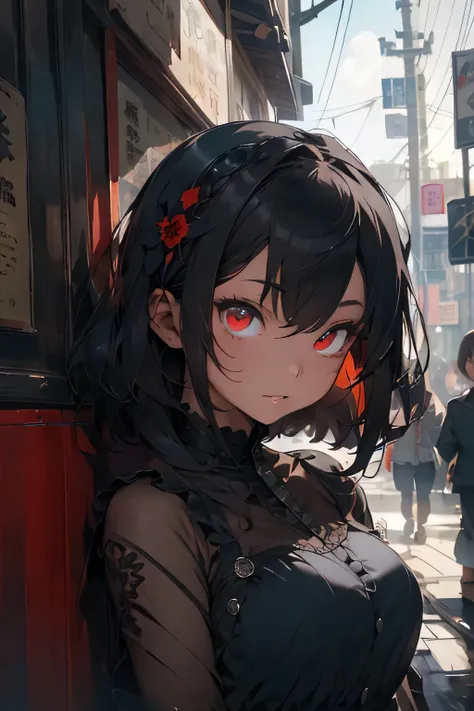 ((highest quality)), ((masterpiece)), (detailed), Perfect Face,白hair,Red eyes,Black clothes,hair,Fair skin,Bob,Wet,Big Breasts,See-through,Ready your gun?,Gothic Lolita,Confused Eyes