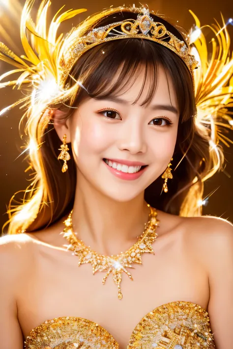 (best quality,4k,8k,highres,masterpiece:1.2),ultra-detailed,realistic,photorealistic:1.37,goddess,detailed smile,beautiful golden dress,sparkling jewel tiara,rainbow feathers, golden background, shimmering light