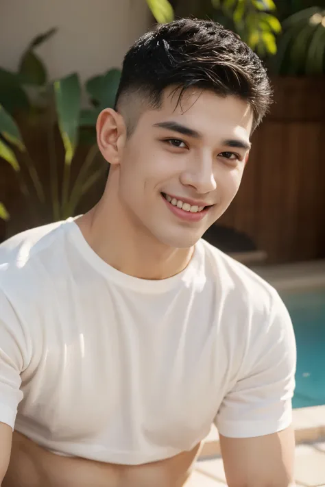 20 year old young man , (Crew Cut Hairstyle: 1.3 ), black hair, short hair details, burly handsome man , (White shirt, round neck, short sleeves: 1.3) ,White swimming trunks, stalwart, handsome, outdoor, Take a shower with steam., hot spring, Onsen, sweat,...