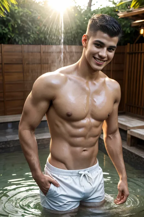 20 year old young man , (Crew Cut Hairstyle: 1.3 ), black hair, short hair details, burly handsome man , no shirt ,White swimming trunks, stalwart, handsome, outdoor, Take a shower with steam., hot spring, Onsen, sweat, Look at the viewer., depth of field,...