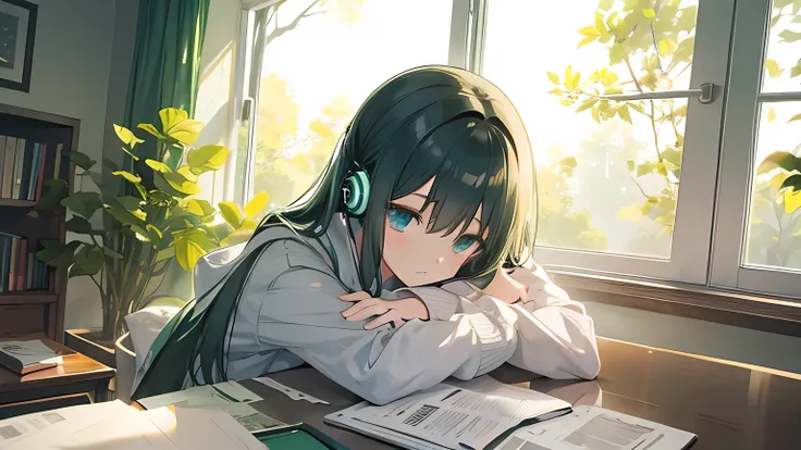 A beautiful girl studying in her room while listening to music with earphones　Neutral white lighting　Outside the room, green leaves and sunlight filtering through the trees　Japanese anime style