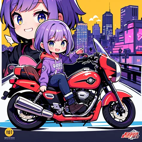 masterpiece、Medium Short Hair,Purple Hair,Purple hoodie Route 66 touring、girl riding a harley davidson motorcycle、A happy smile、Detailed face、Detailed eyes、Perfect drawing、Little、