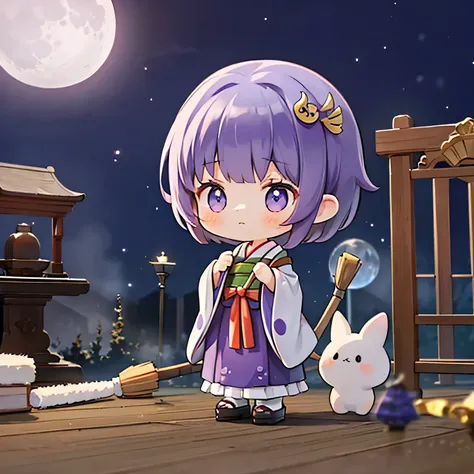 Blind Box, Cute girl wearing shrine maiden clothes，Purple medium short hair,Holding a broom、(background:shrine),night,The mist is scattered,The moon is bright