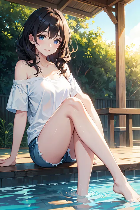 CG, Unity, 8k, wallpaper, highest quality,sunlight、Perfect lighting、 masterpiece, haruka amami, (smile: 1.2), 1 high school girl、Black Hair、Curly Hair、Blue Eyes、Dense lips、Black knit T-shirt、Off the shoulder、 BREAK denim shorts, barefoot, Thighs, Best ligh...