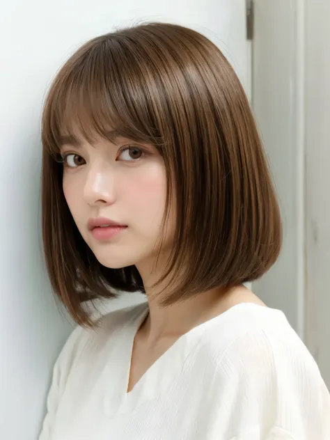 close-up of a brown-haired woman wearing a white shirt, shoulder-length hair, shoulder - length hair, medium length hair, curtai...