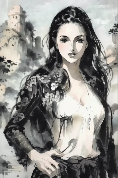 black and white tones:1.3, masterpiece, best quality, tradition chinese ink watercolor paintings:1.2, use thick and light inks t...