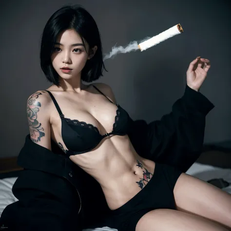 Japanese teen girl, big breasts, (all black outfit), (topless),(black bra),cleavage,((tattoos)),(smoking cigarette),nighttime,wolf cut hair 