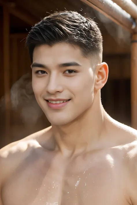 20 year old young man , (crew cut hairstyle: 1.3 ), black hair, short hair details, burly handsome man , no shirt ,white swimmin...